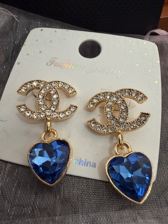 Jewelry - Gold Crystal Double-C Logo Earrings with Blue Heart Drops